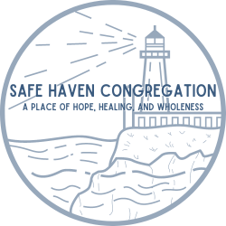 Logo of Safe Haven Congregations. The graphic is a light navy blue circle in which is outlined a lighthouse on a cliff beside the ocean. The logo reads, "Safe Haven Congregation. A place of hope, healing, and wholeness."